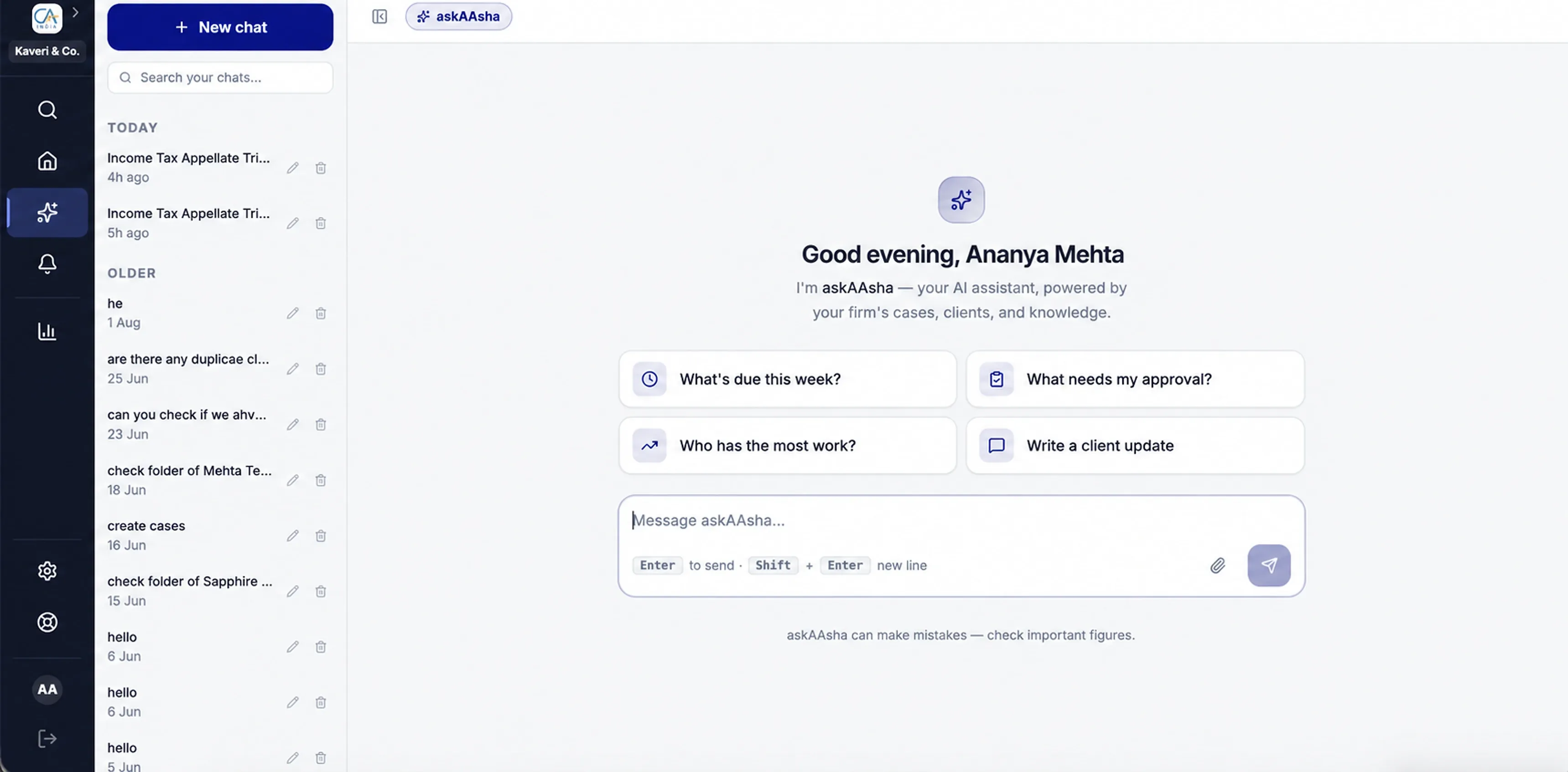 askAAsha’s own page: the greeting, four prompts and the message box